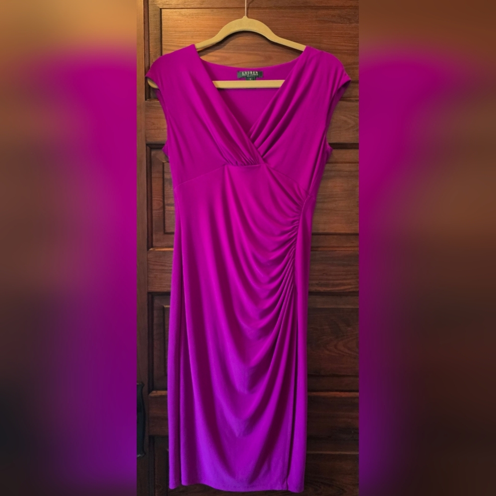 Lauren Ralph‎ Lauren Women's Magenta Ruched Faux Wrap Sheath Dress 6